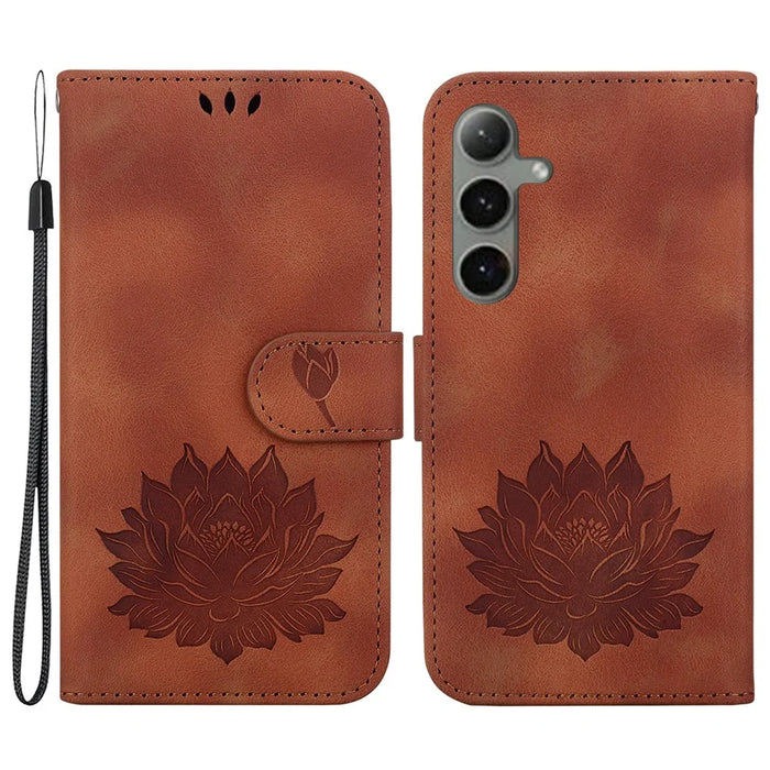 For Samsung Galaxy S24+ Case Lotus Pattern Leather Phone Cover Wallet Stand Feature - Brown - 1