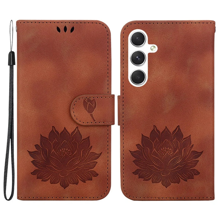 For Samsung Galaxy S24 Case Lotus Imprinted Leather Flip Phone Cover - Brown - 1