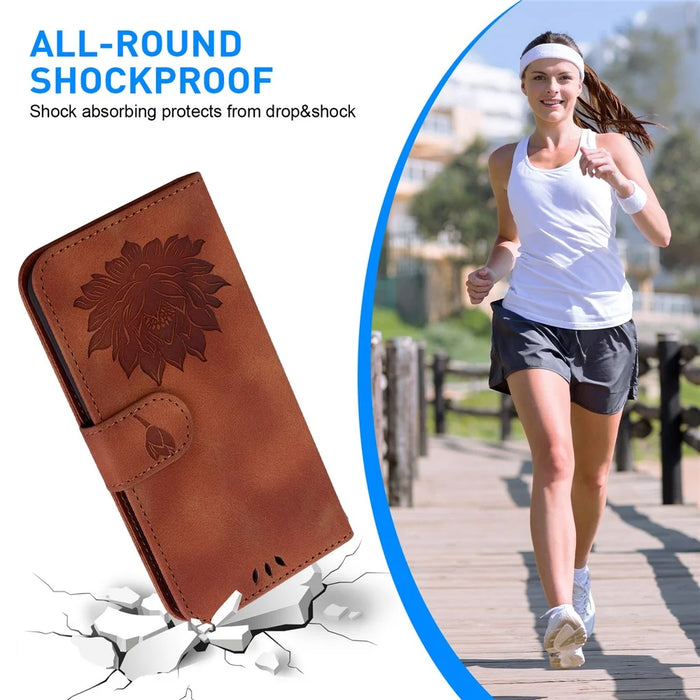 For Samsung Galaxy S24 Case Lotus Imprinted Leather Flip Phone Cover - Brown - 6