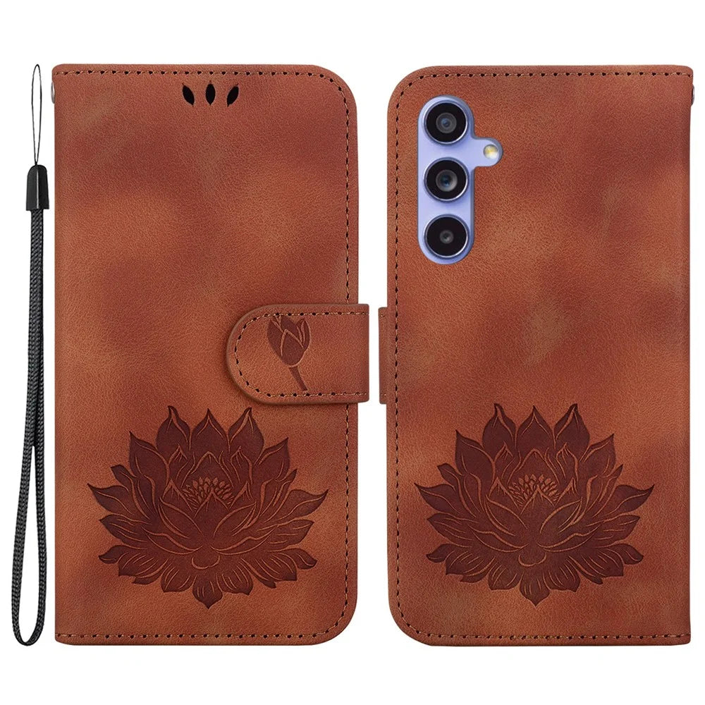 For Samsung Galaxy S23 FE Protective Case Leather Phone Cover Lotus Imprinted - Brown - 1