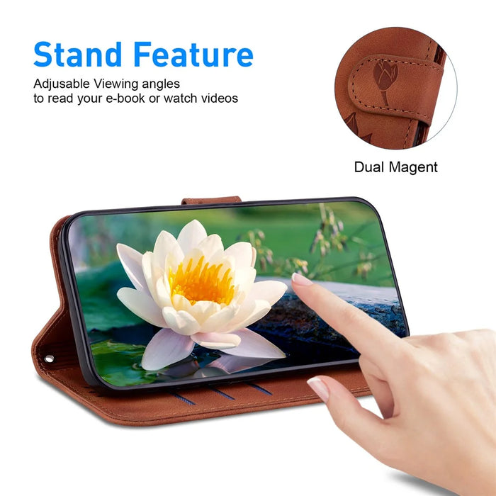 For Samsung Galaxy S23 FE Protective Case Leather Phone Cover Lotus Imprinted - Brown - 3