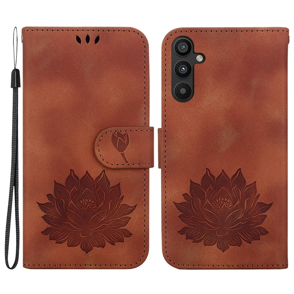 For Samsung Galaxy A54 5G Case Leather Flip Phone Cover Wallet Lotus Pattern - Brown - 1