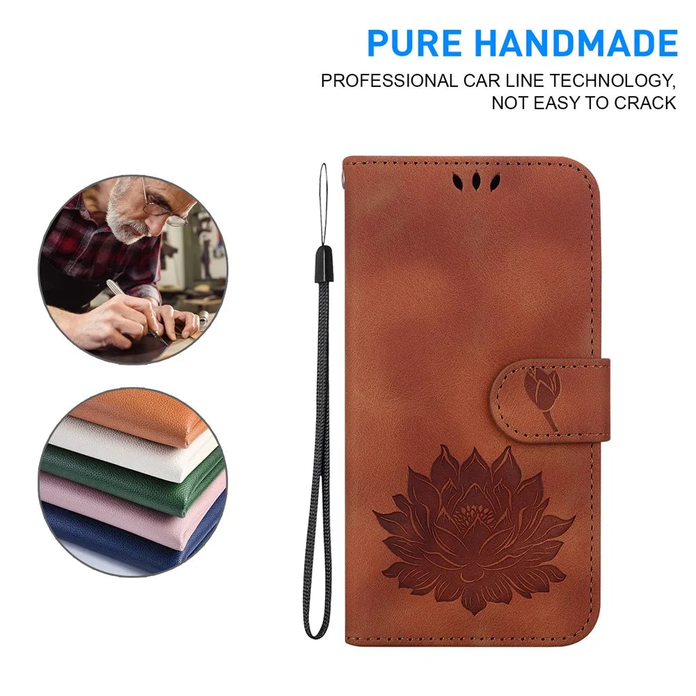 For Samsung Galaxy A34 5G Case Lotus Imprint Leather Wallet Phone Cover - Brown - 4