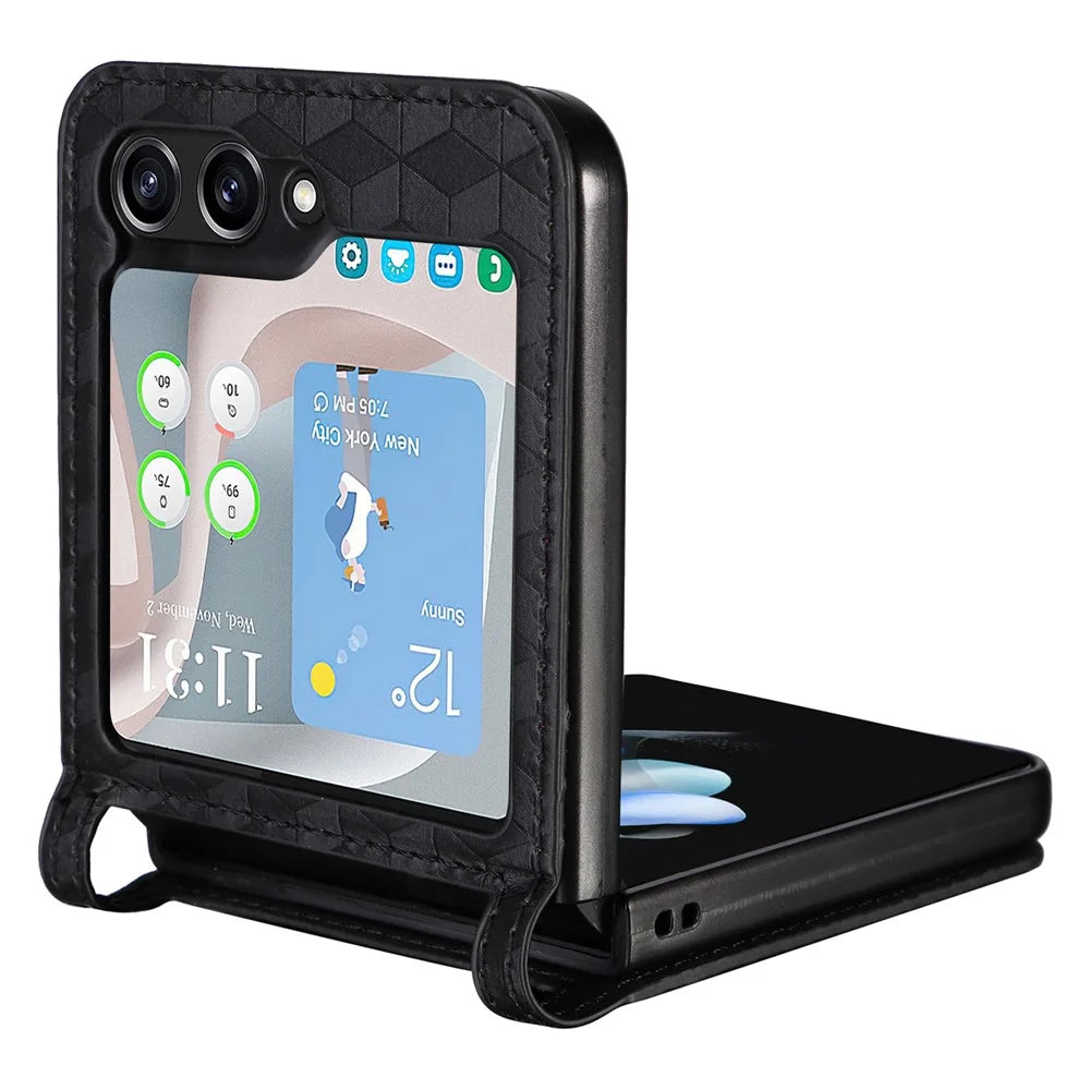 For Samsung Galaxy Z Flip7 FE 5G / Z Flip6 5G Case PU Leather + PC Phone Cover Rhombus Card Slot - Black - 5