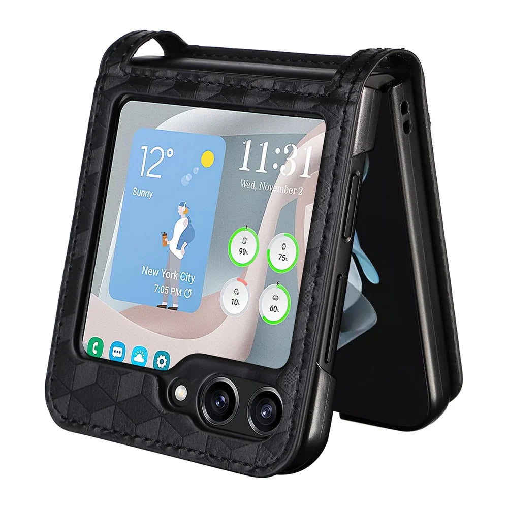For Samsung Galaxy Z Flip7 FE 5G / Z Flip6 5G Case PU Leather + PC Phone Cover Rhombus Card Slot - Black - 6