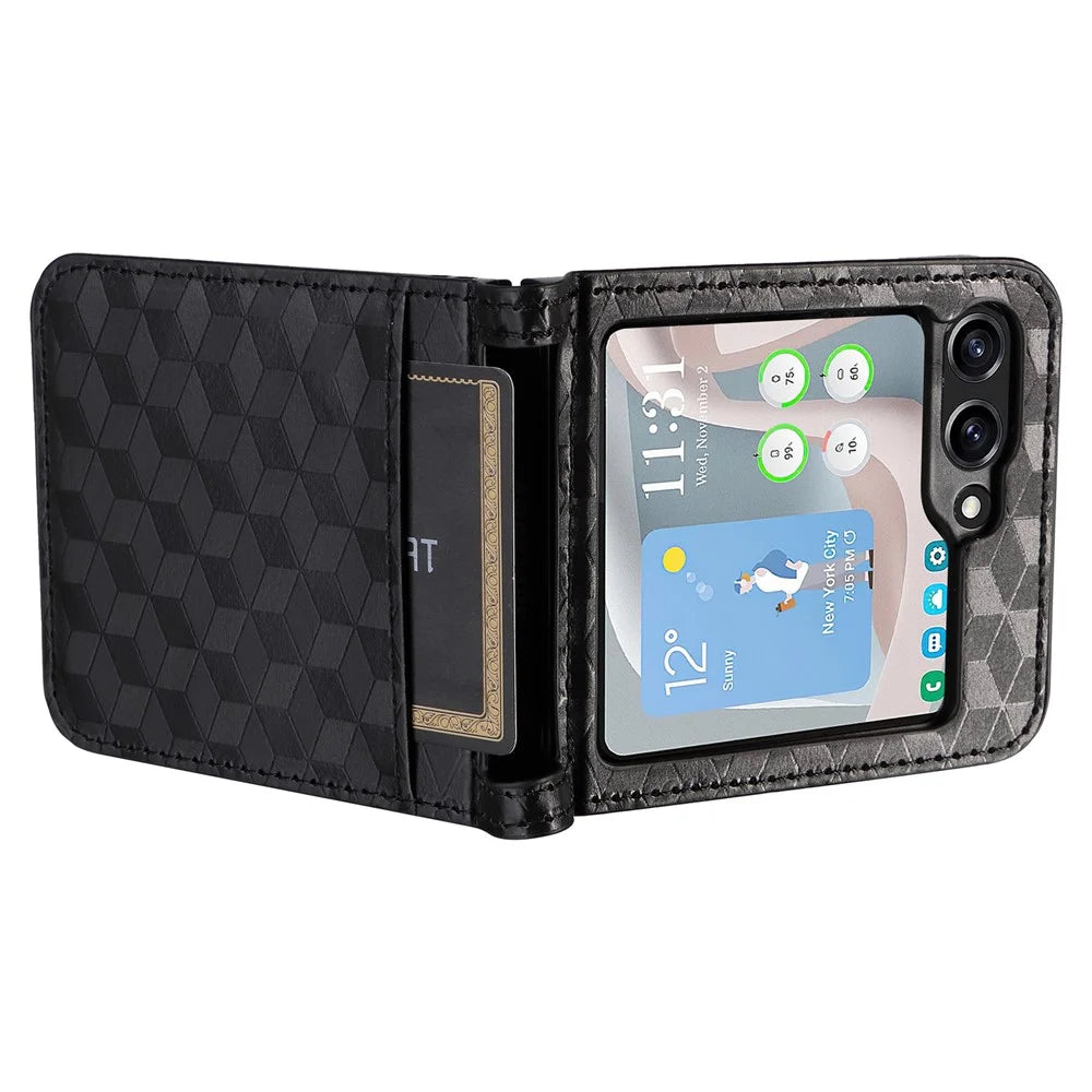 For Samsung Galaxy Z Flip7 FE 5G / Z Flip6 5G Case PU Leather + PC Phone Cover Rhombus Card Slot - Black - 7