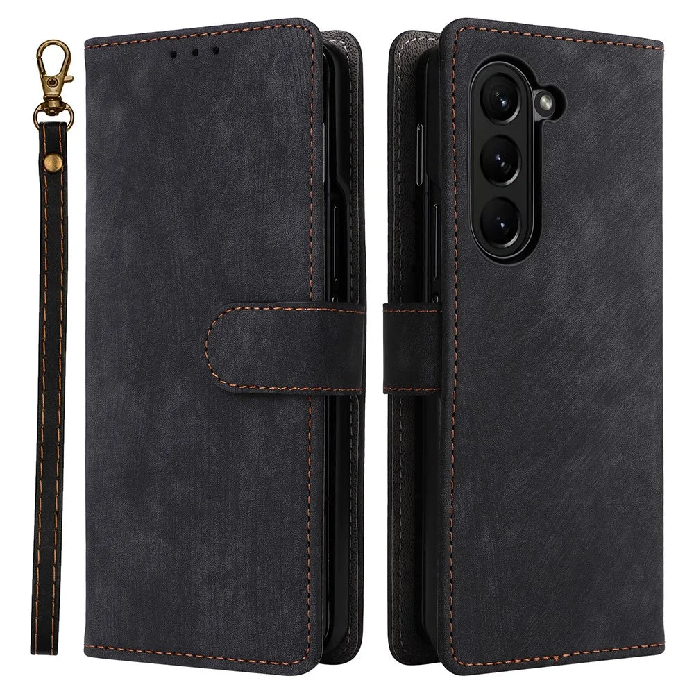 For Samsung Galaxy Z Fold6 5G Case RFID Blocking Leather Phone Cover Viewing Stand - Black - 1