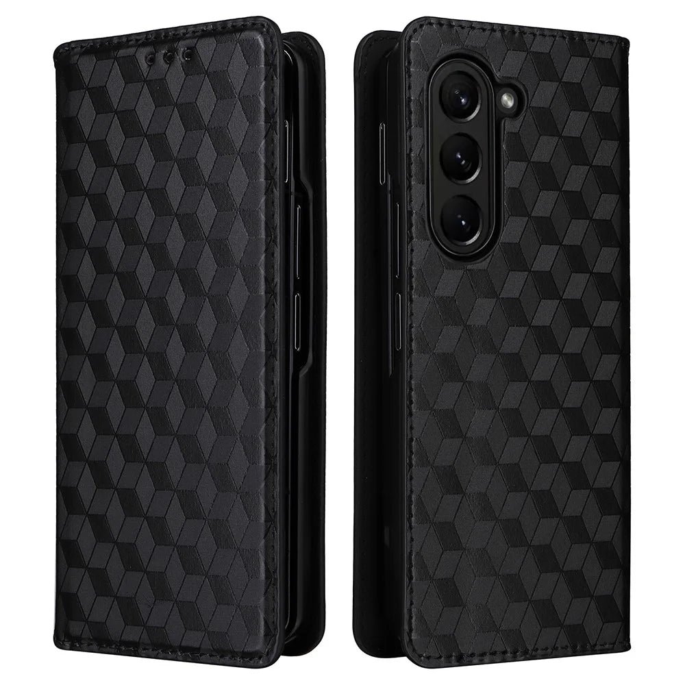 For Samsung Galaxy Z Fold6 5G Case Wallet PU Leather Phone Cover Rhombus Imprinted - Black - 1