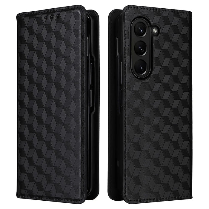 For Samsung Galaxy Z Fold6 5G Case Wallet PU Leather Phone Cover Rhombus Imprinted - Black - 1