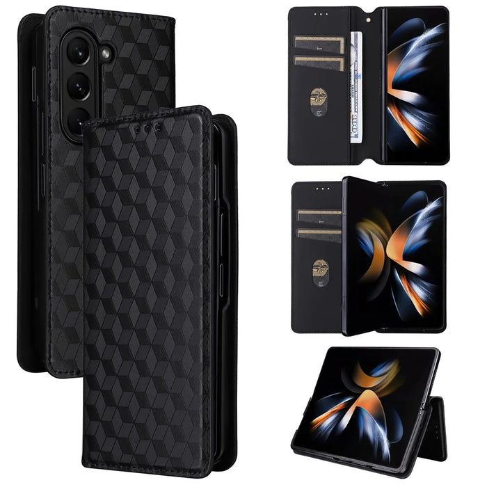 For Samsung Galaxy Z Fold6 5G Case Wallet PU Leather Phone Cover Rhombus Imprinted - Black - 6