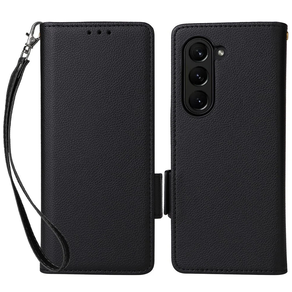 For Samsung Galaxy Z Fold6 5G Case with Wrist Strap Litchi Texture PU Leather Wallet Phone Cover - Black - 1