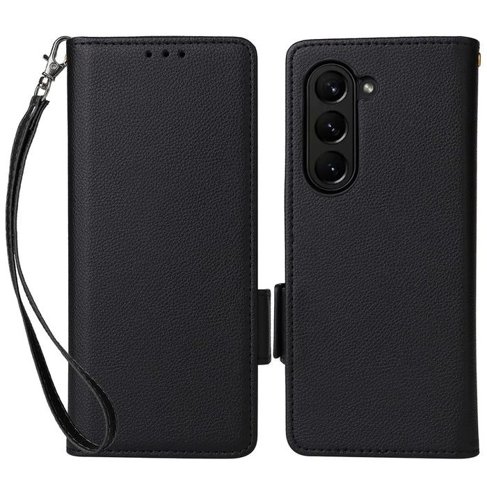 For Samsung Galaxy Z Fold6 5G Case with Wrist Strap Litchi Texture PU Leather Wallet Phone Cover - Black - 1