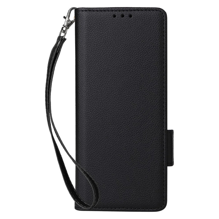 For Samsung Galaxy Z Fold6 5G Case with Wrist Strap Litchi Texture PU Leather Wallet Phone Cover - Black - 5