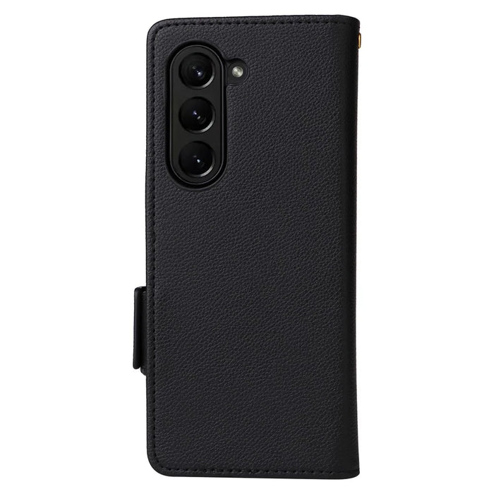 For Samsung Galaxy Z Fold6 5G Case with Wrist Strap Litchi Texture PU Leather Wallet Phone Cover - Black - 6