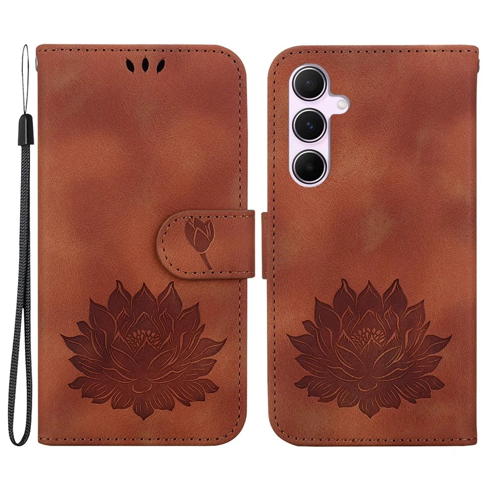 For Samsung Galaxy A55 5G Case Wallet Stand Lotus Pattern Leather Phone Cover - Brown - 1