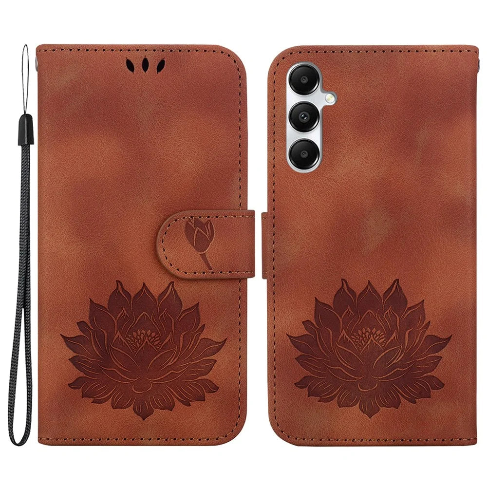 For Samsung Galaxy A35 5G Case Lotus Pattern Leather Phone Cover with Strap - Brown - 1