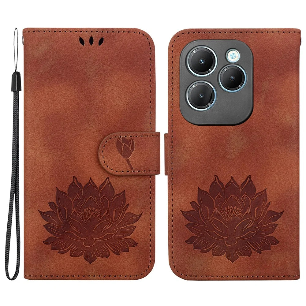 For Infinix Hot 40 / Hot 40 Pro Wallet Case Phone Leather Cover Lotus Pattern - Brown - 1