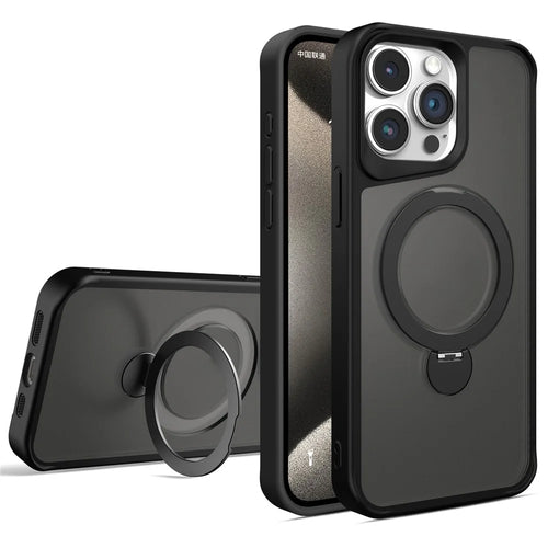 For iPhone 13 Pro Magnetic Phone Case PC+TPU Ring Kickstand Cell Phone Cover - Black - 1