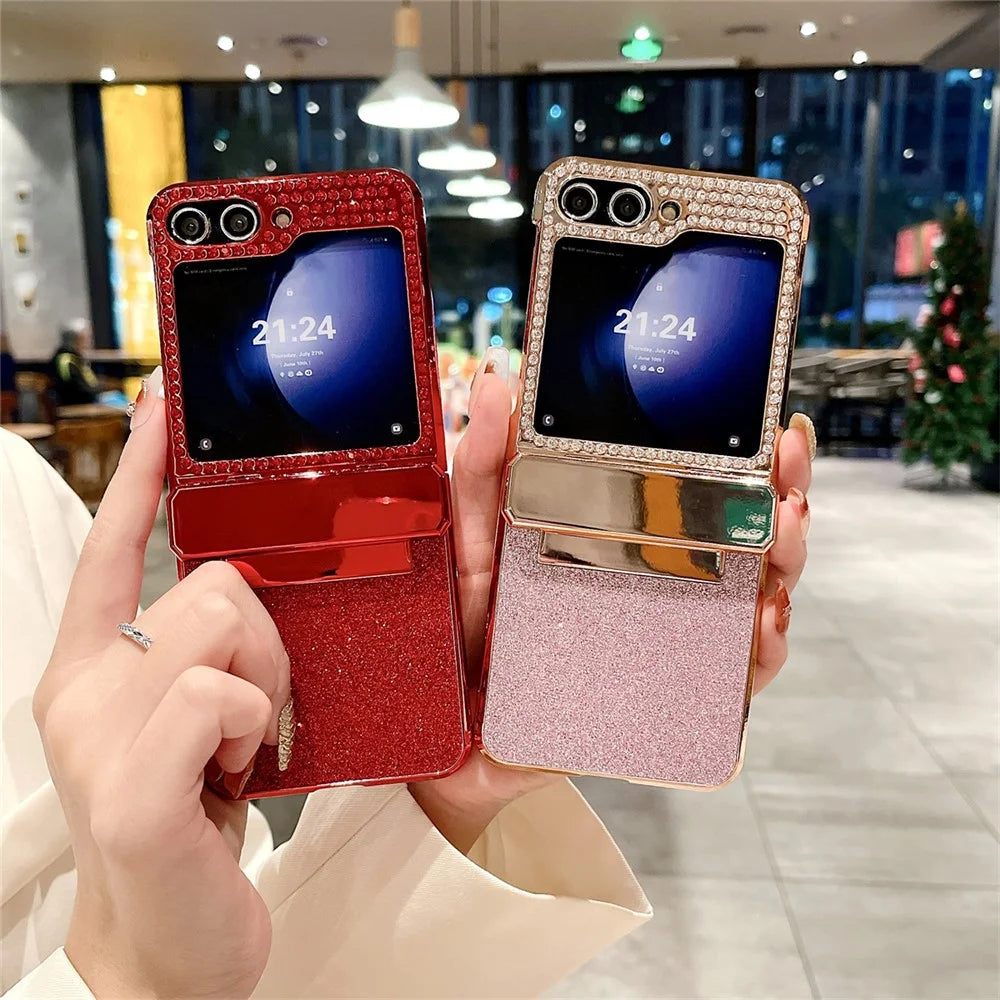 For Samsung Galaxy Z Flip7 FE 5G / Z Flip6 5G / Z Flip5 5G Case Glitter Bling PU Leather+Hard PC Phone Back Cover - Blue - 5