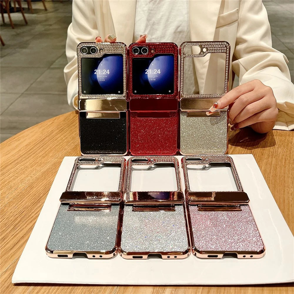 For Samsung Galaxy Z Flip7 FE 5G / Z Flip6 5G / Z Flip5 5G Case Glitter Bling PU Leather+Hard PC Phone Back Cover - Blue - 6