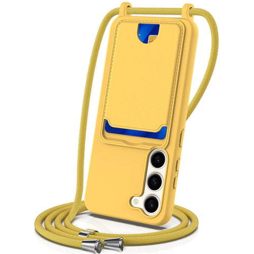 For Samsung Galaxy S23 Case Liquid Silicone Back Card Holder Phone Cover with Lanyard - Yellow - 1