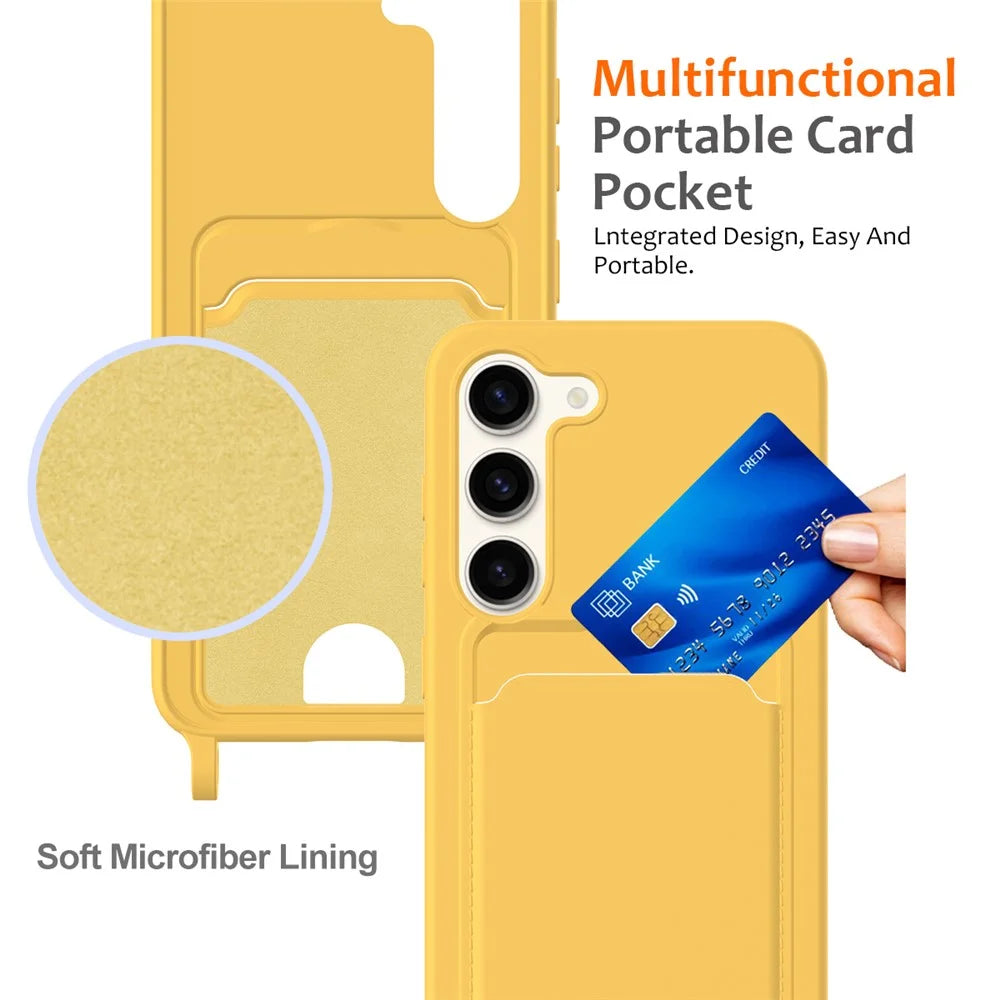 For Samsung Galaxy S23 Case Liquid Silicone Back Card Holder Phone Cover with Lanyard - Yellow - 2