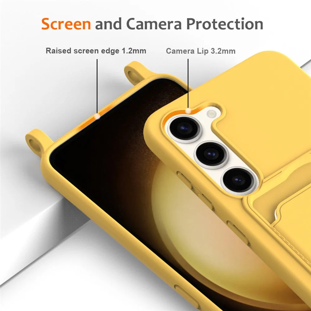 For Samsung Galaxy S23 Case Liquid Silicone Back Card Holder Phone Cover with Lanyard - Yellow - 3