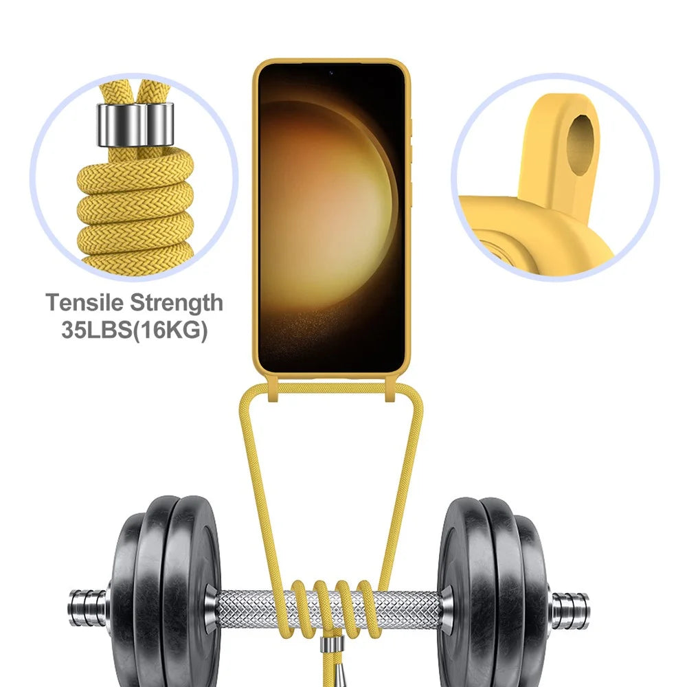 For Samsung Galaxy S23 Case Liquid Silicone Back Card Holder Phone Cover with Lanyard - Yellow - 4