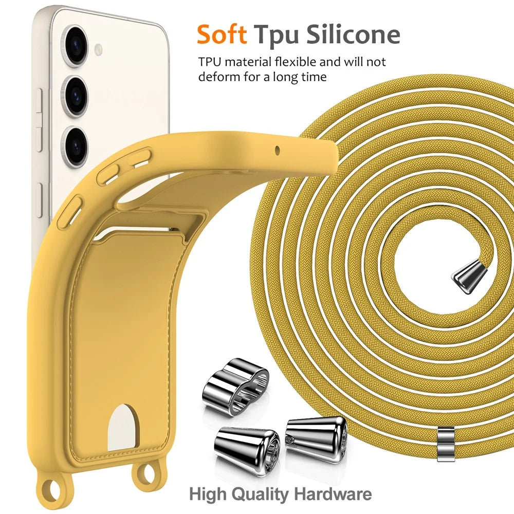 For Samsung Galaxy S23 Case Liquid Silicone Back Card Holder Phone Cover with Lanyard - Yellow - 5