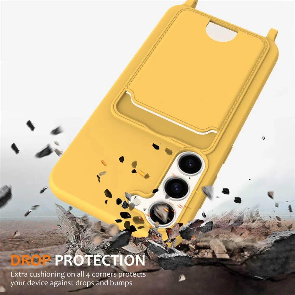 For Samsung Galaxy S23 Case Liquid Silicone Back Card Holder Phone Cover with Lanyard - Yellow - 7