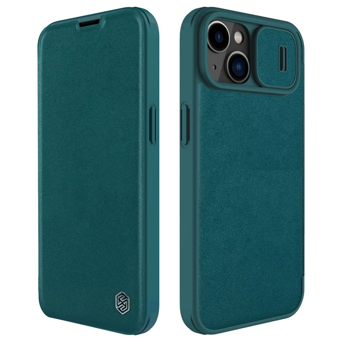 NILLKIN Qin Pro Series for iPhone 14 / iPhone 13 Full Protection Phone Case with Sliding Lens Cover PU Leather Phone Shell Card Holder - Green - 1