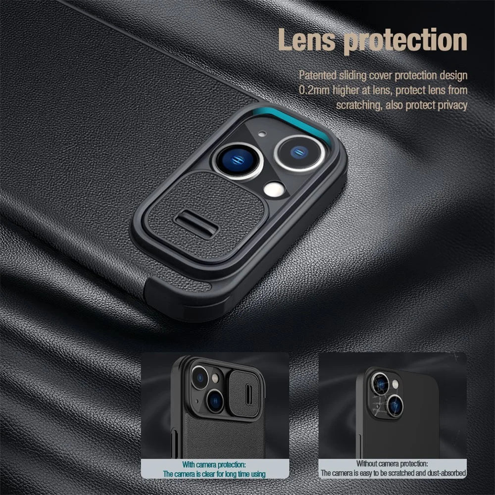 NILLKIN Qin Pro Series for iPhone 14 / iPhone 13 Full Protection Phone Case with Sliding Lens Cover PU Leather Phone Shell Card Holder - Green - 4