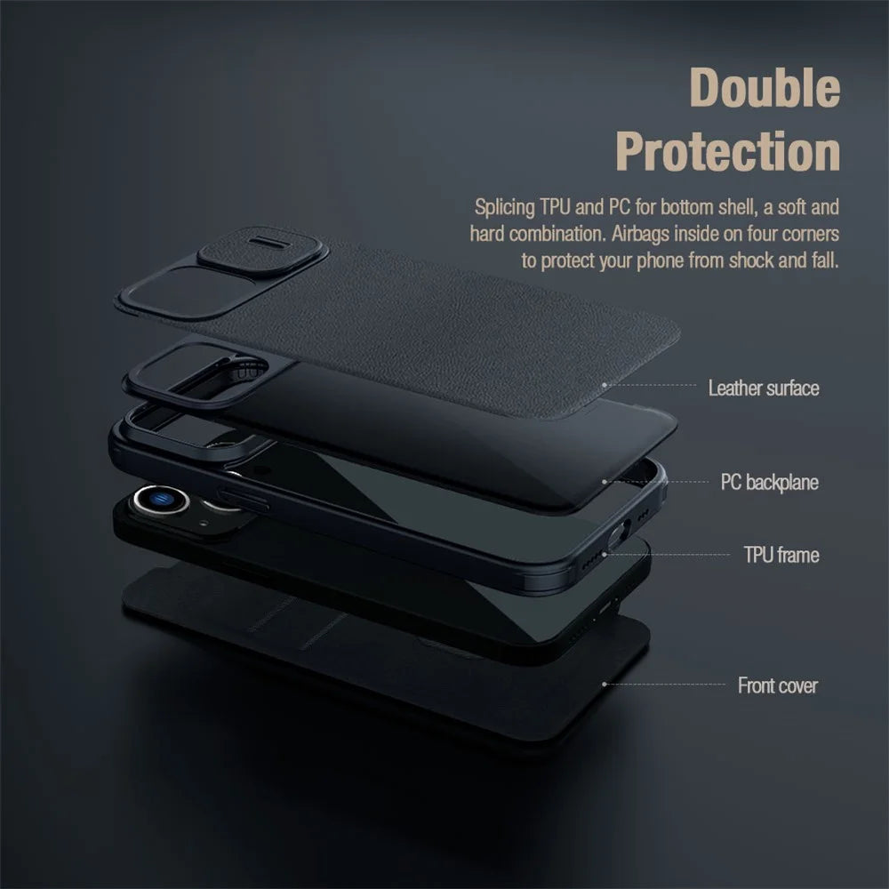 NILLKIN Qin Pro Series for iPhone 14 / iPhone 13 Full Protection Phone Case with Sliding Lens Cover PU Leather Phone Shell Card Holder - Green - 5