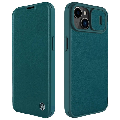 NILLKIN Qin Pro Series for iPhone 14 Plus Cloth Texture Phone Case with Sliding Lens Protection Cover PU Leather Anti-scratch Shell Card Holder - Green - 1