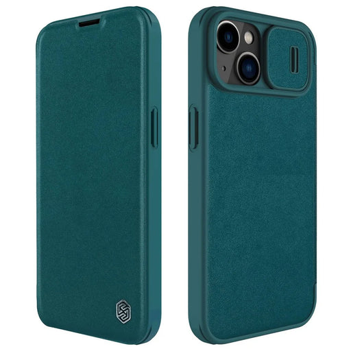 NILLKIN Qin Pro Series for iPhone 14 Plus Cloth Texture Phone Case with Sliding Lens Protection Cover PU Leather Anti-scratch Shell Card Holder - Green - 1