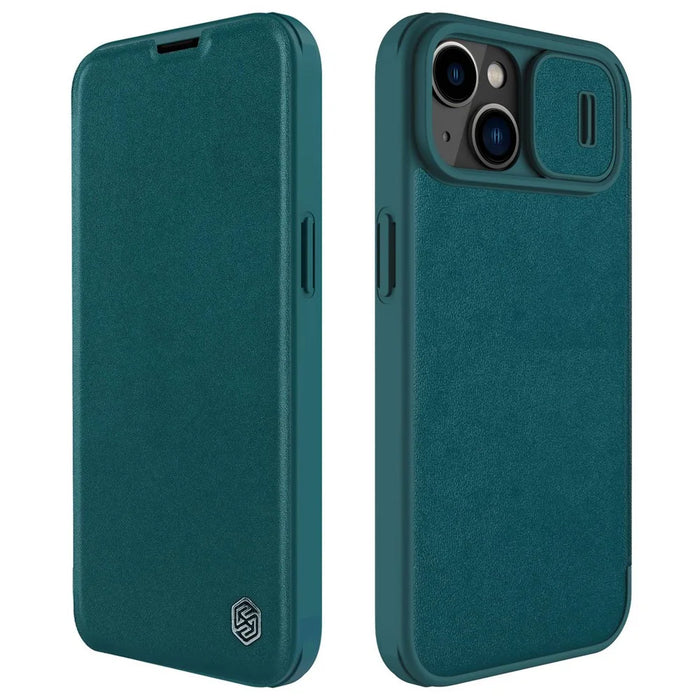 NILLKIN Qin Pro Series for iPhone 14 Plus Cloth Texture Phone Case with Sliding Lens Protection Cover PU Leather Anti-scratch Shell Card Holder - Green - 1