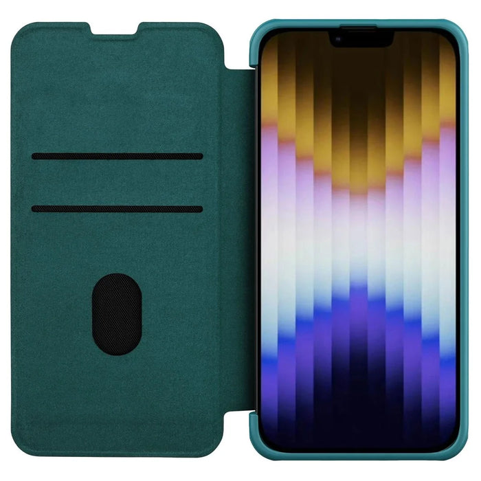 NILLKIN Qin Pro Series for iPhone 14 Plus Cloth Texture Phone Case with Sliding Lens Protection Cover PU Leather Anti-scratch Shell Card Holder - Green - 3