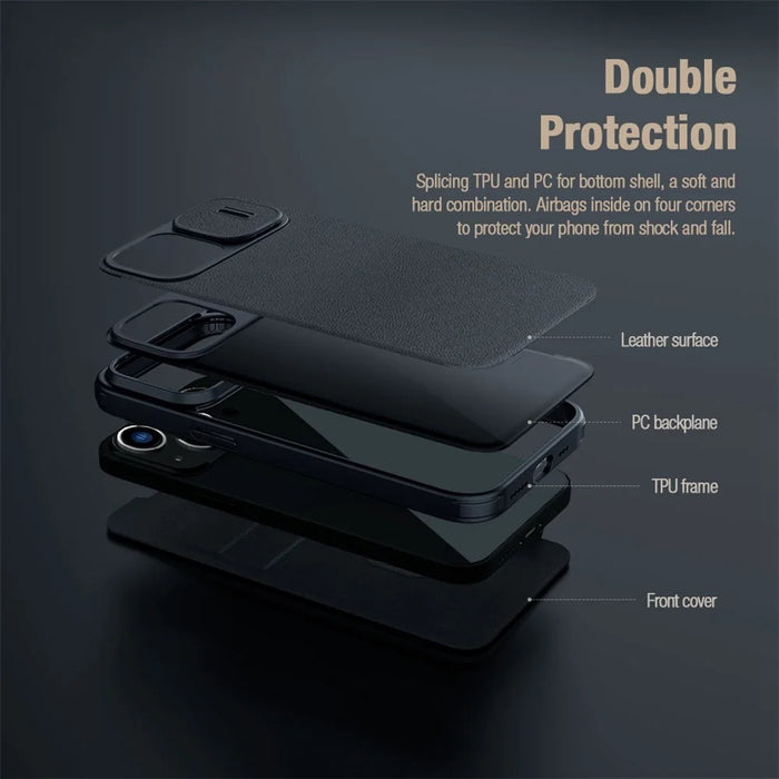 NILLKIN Qin Pro Series for iPhone 14 Plus Cloth Texture Phone Case with Sliding Lens Protection Cover PU Leather Anti-scratch Shell Card Holder - Green - 6