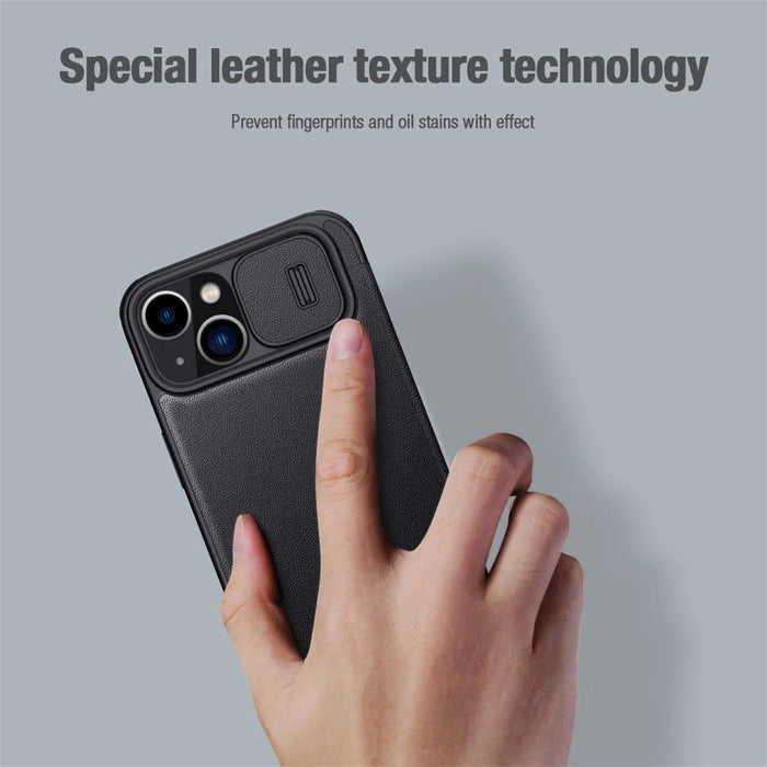 NILLKIN Qin Pro Series for iPhone 14 Plus Cloth Texture Phone Case with Sliding Lens Protection Cover PU Leather Anti-scratch Shell Card Holder - Green - 7