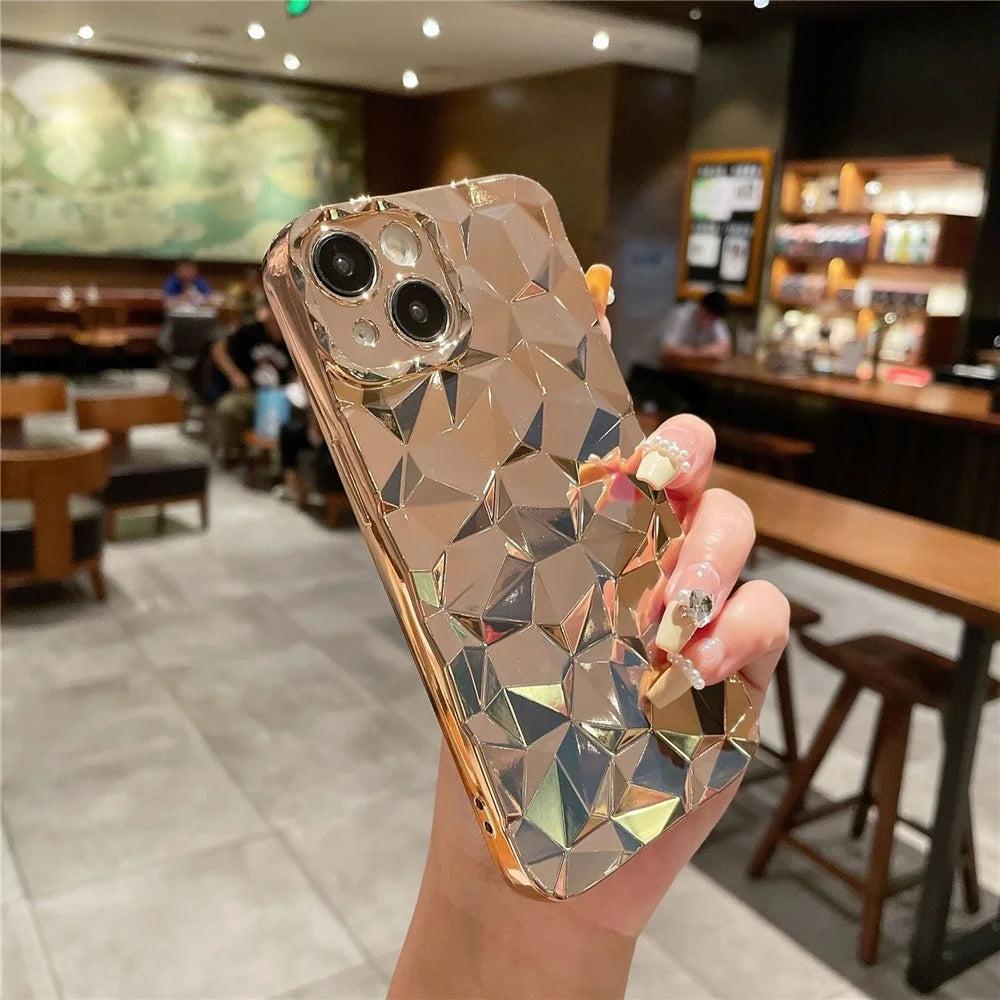 For iPhone 14 Case Electroplated Diamond Texture Drop-Proof TPU Phone Cover - Gold - 1