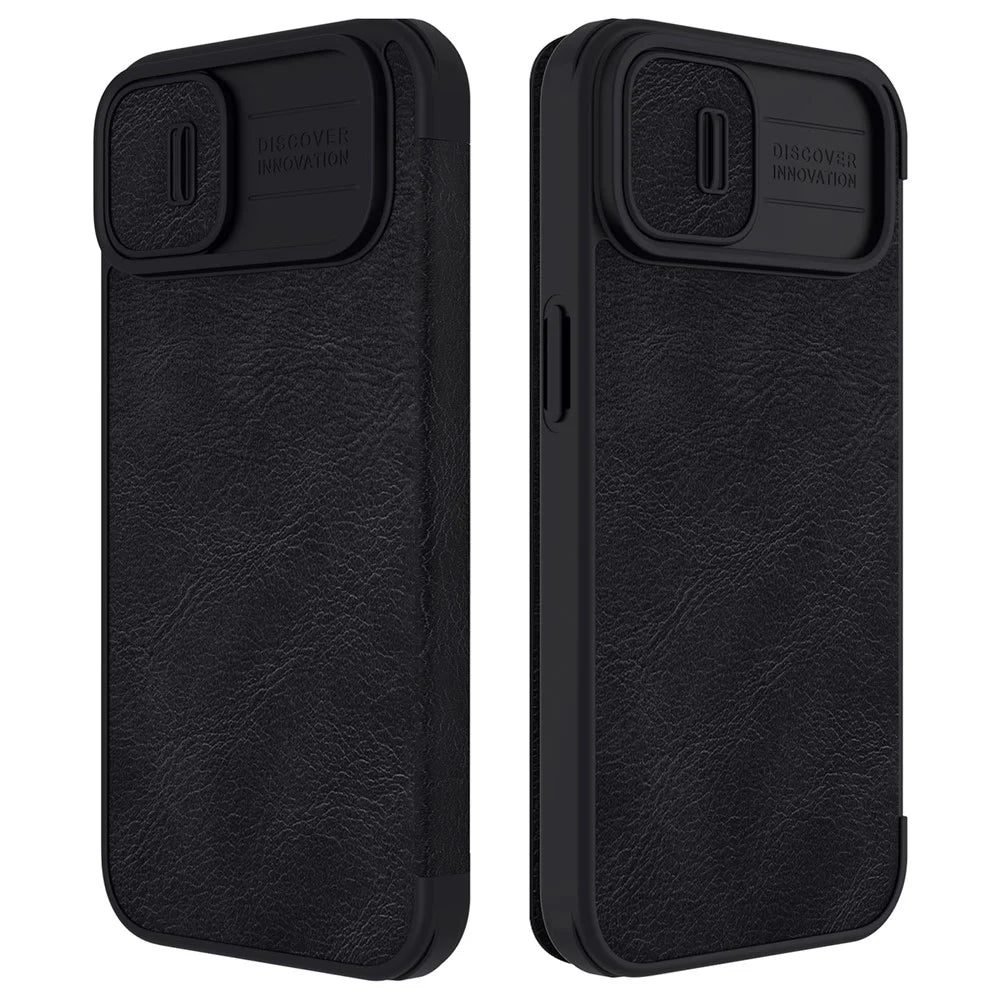 NILLKIN Qin Pro Series for iPhone 14 Plus Ultra Slim Dirt-proof Phone Case with Sliding Lens Protection Cover and Card Slots Anti-fall Phone Flip Shell - Black - 1
