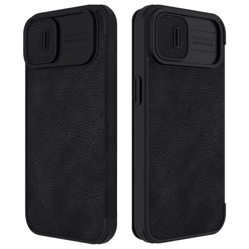 NILLKIN Qin Pro Series for iPhone 14 Plus Ultra Slim Dirt-proof Phone Case with Sliding Lens Protection Cover and Card Slots Anti-fall Phone Flip Shell - Black - 1