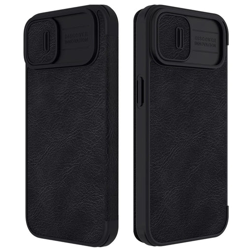 NILLKIN Qin Pro Series for iPhone 14 Plus Ultra Slim Dirt-proof Phone Case with Sliding Lens Protection Cover and Card Slots Anti-fall Phone Flip Shell - Black - 1