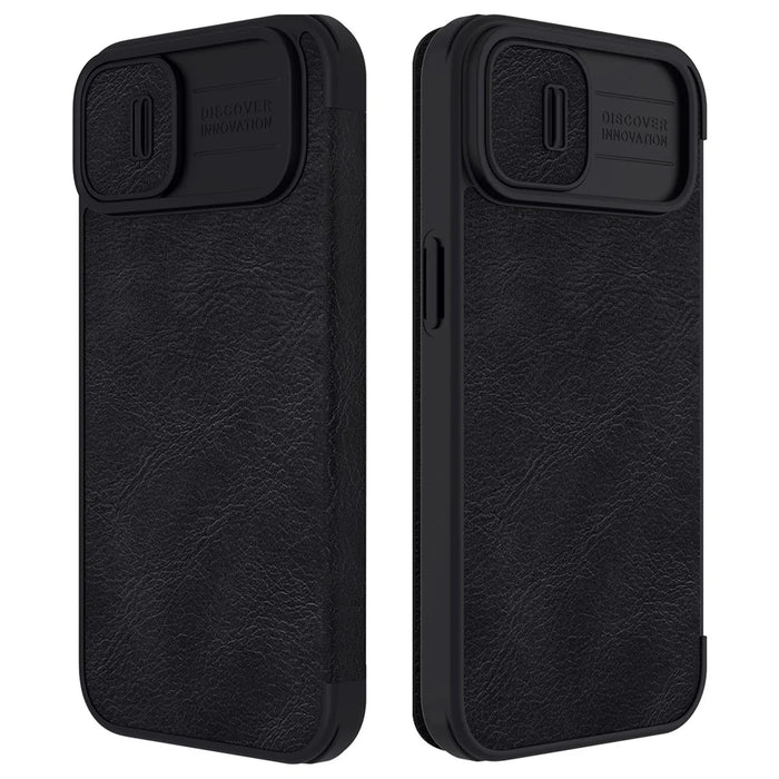 NILLKIN Qin Pro Series for iPhone 14 Plus Ultra Slim Dirt-proof Phone Case with Sliding Lens Protection Cover and Card Slots Anti-fall Phone Flip Shell - Black - 1