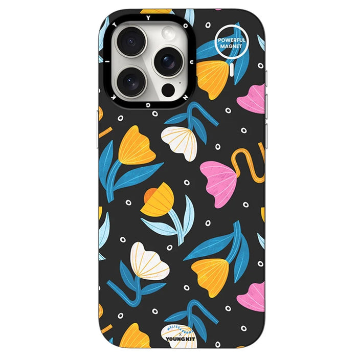 YOUNGKIT Mousse Series For iPhone 13 Pro Case IMD Pattern PC+TPU Magnetic Phone Cover - MUScx001-Flowers - 1