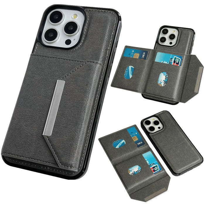 For iPhone 14 Pro Max Kickstand Case PU+TPU Phone Cover Detachable Card Bag - Grey - 1