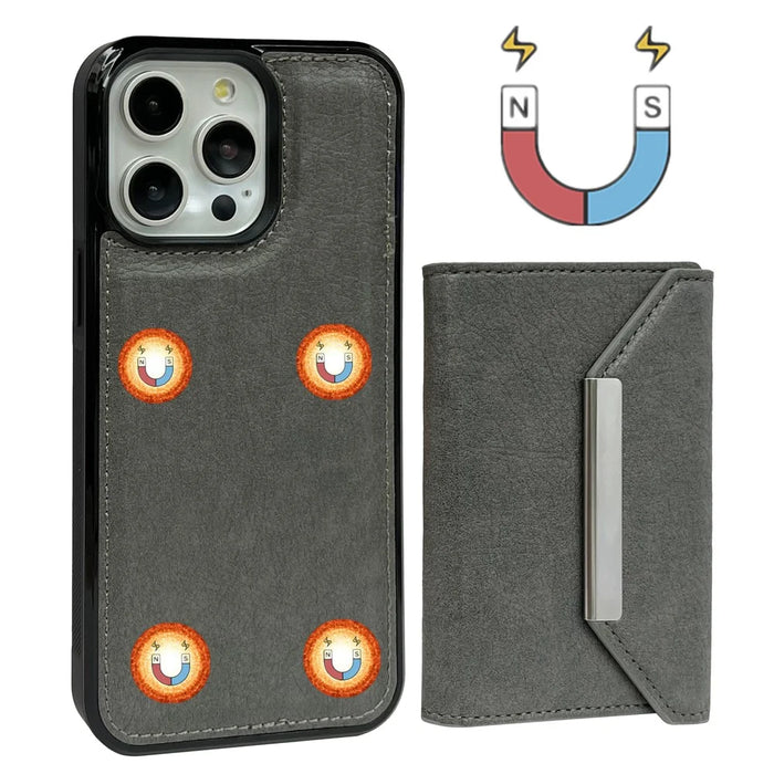For iPhone 14 Pro Max Kickstand Case PU+TPU Phone Cover Detachable Card Bag - Grey - 2