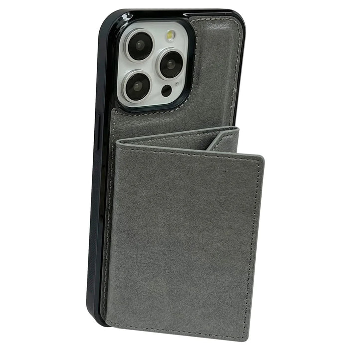 For iPhone 14 Pro Max Kickstand Case PU+TPU Phone Cover Detachable Card Bag - Grey - 3