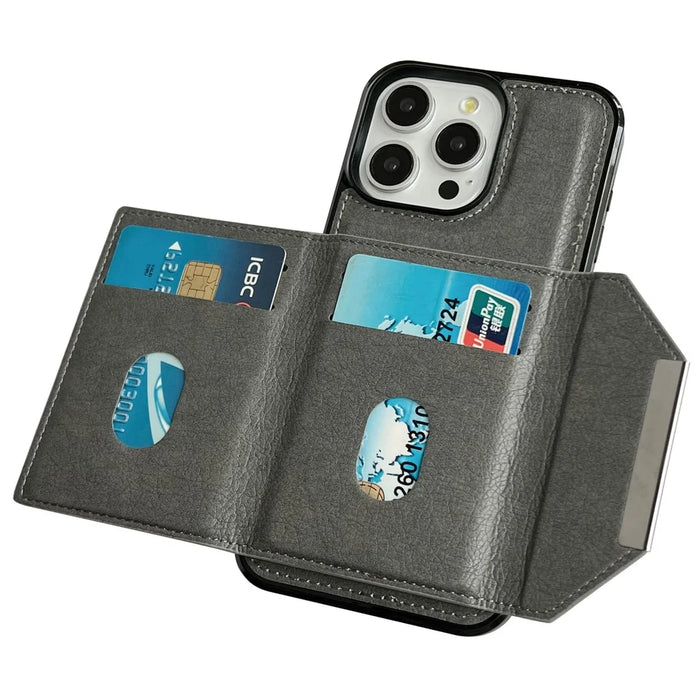 For iPhone 14 Pro Max Kickstand Case PU+TPU Phone Cover Detachable Card Bag - Grey - 5
