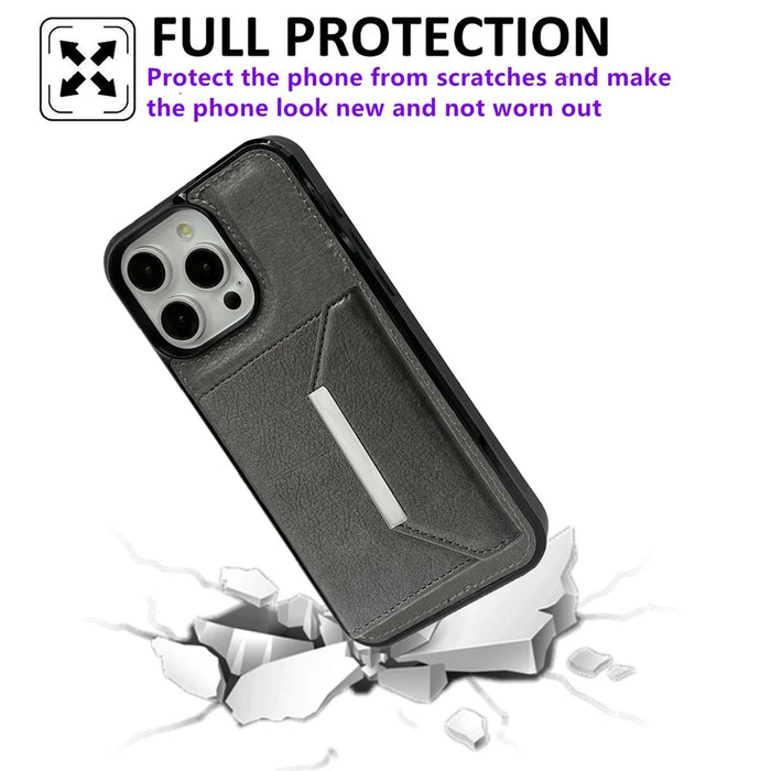For iPhone 14 Pro Max Kickstand Case PU+TPU Phone Cover Detachable Card Bag - Grey - 6